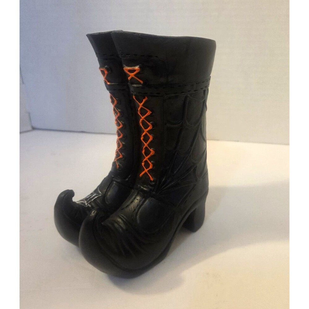 Halloween Witch Boots Figurine Black Spiderweb Design 7" Free Standing Decor